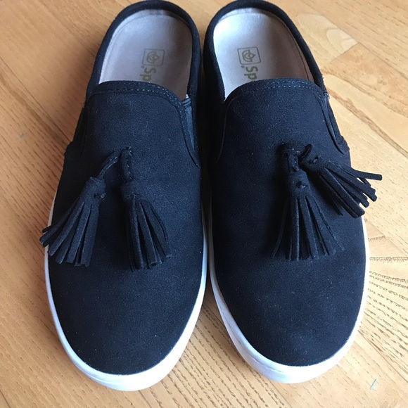 Spenco shoes Slip On Mule Slide Black tassels suede sandals womens size 6.5 - Picture 1 of 10